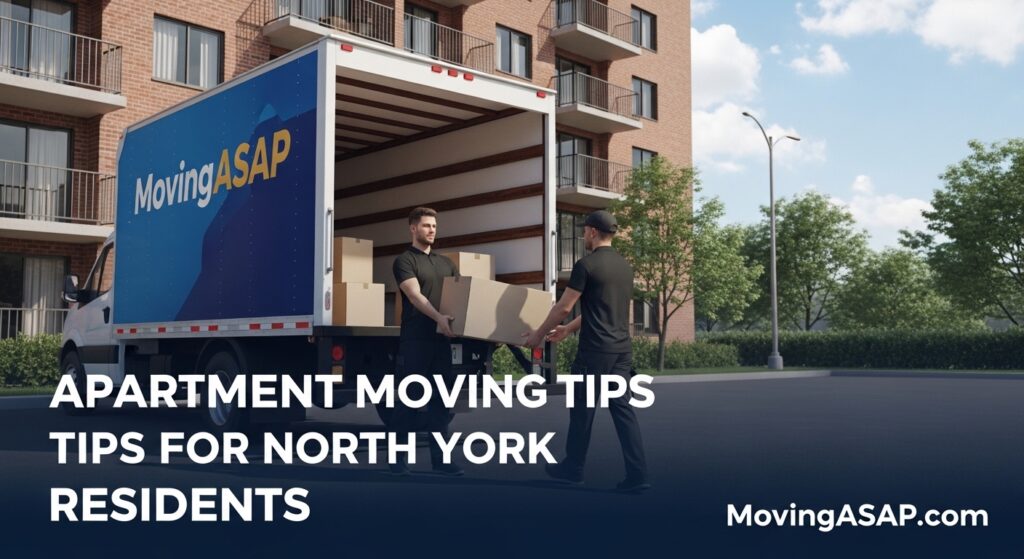 Image Generator Show Text (Apartment Moving Tips for North York Residents ) Must Bold Text Use. (MovingASAP.com)- will be written at the bottom on the right side of the picture and use bold text. Each & every thing provides a realistic. Dress Color Black. Use Truck. Men Worker. Company Name MovingASAP