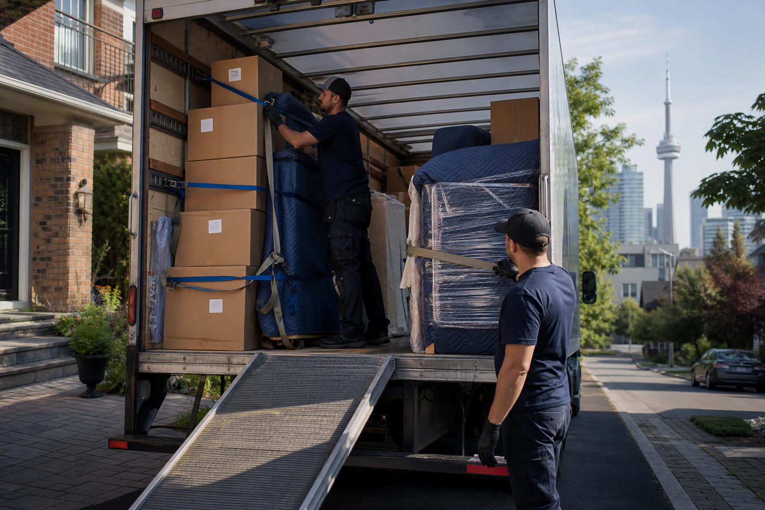 Senior movers in Toronto — Moving ASAP crew carefully loading boxes on moving day